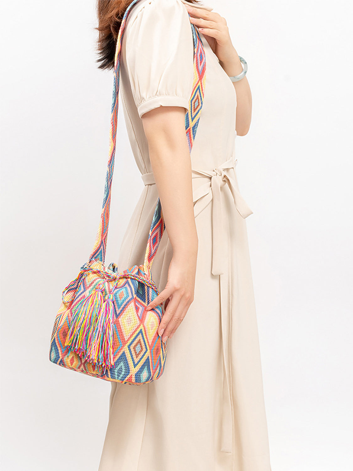 Drawstring Tassel Geometric Shoulder Bag